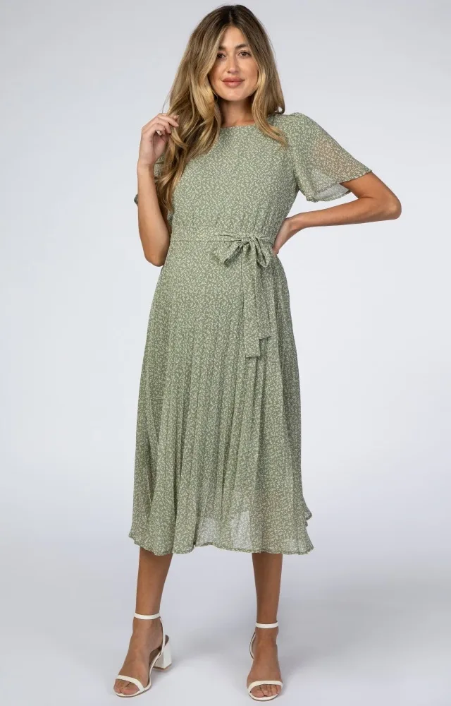 Light Olive Leaf Print Maternity Midi Dress