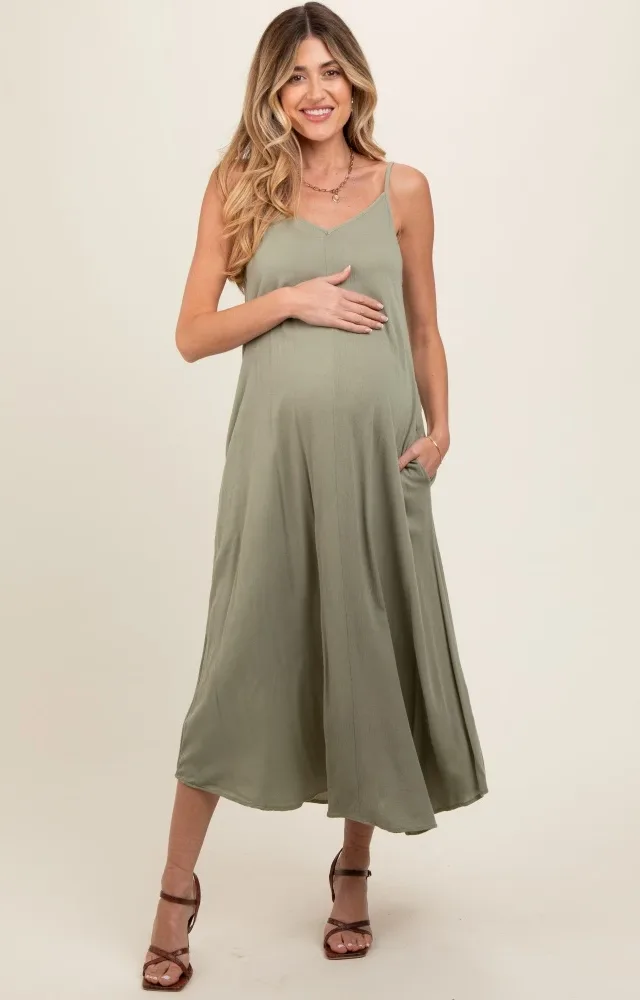 Light Olive Lightweight Sleeveless V-Neck Maternity Dress