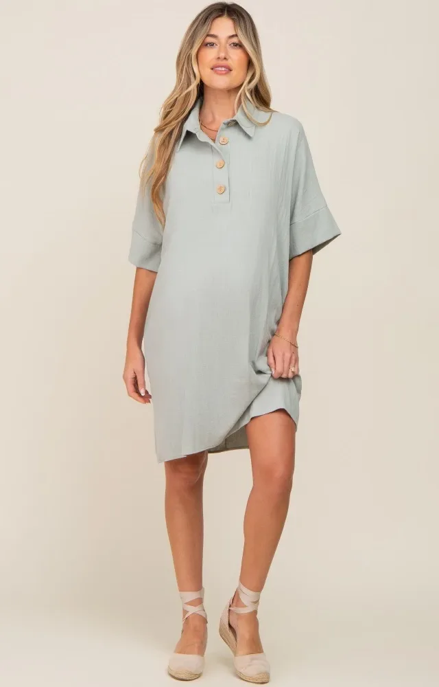 Light Olive Linen Front Button Collared Maternity Dress