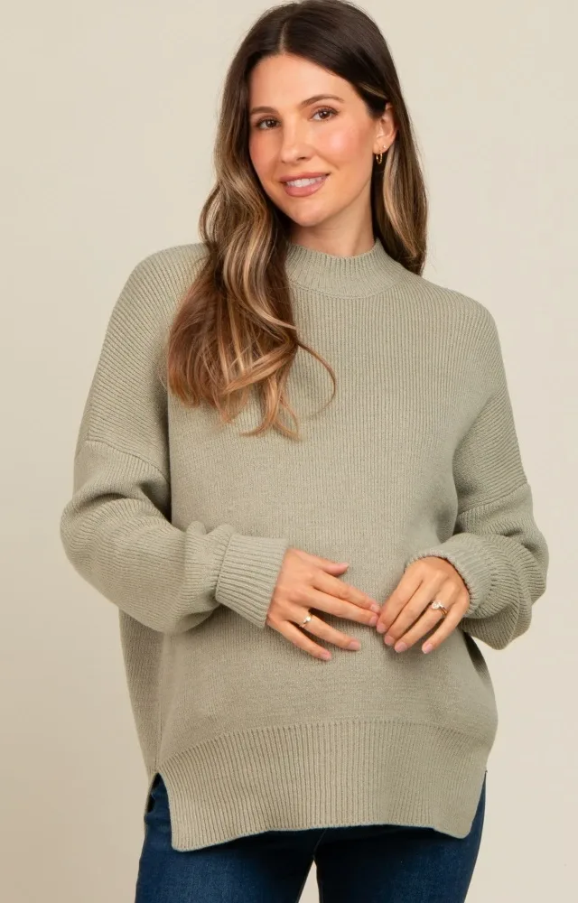 Light Olive Mock Neck Basic Maternity Sweater