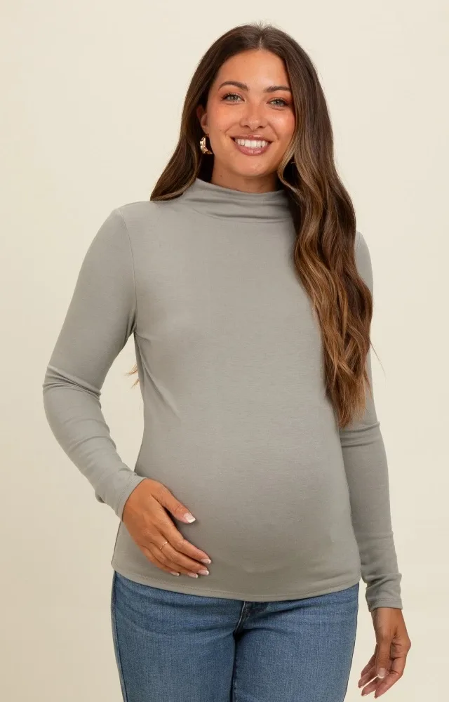 Light Olive Mock Neck Maternity Long Sleeve Top