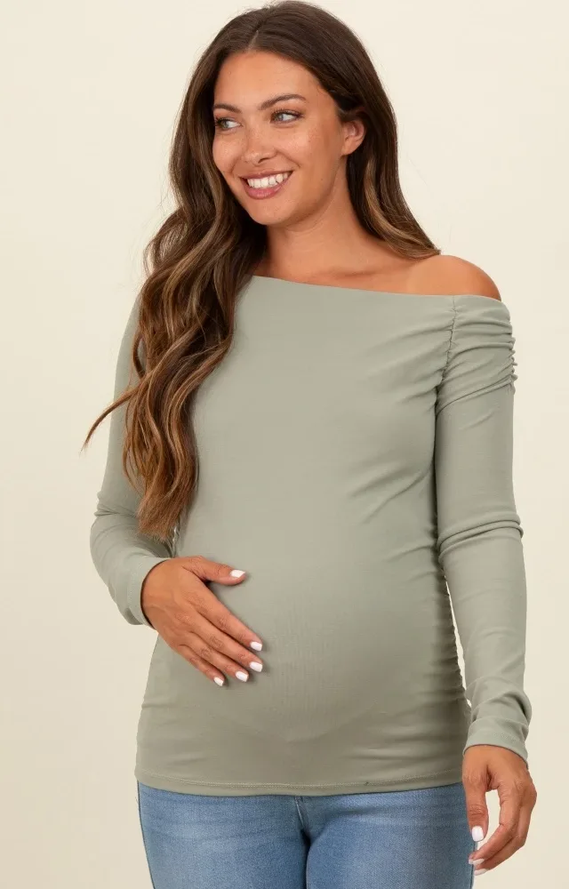 Light Olive One Shoulder Long Sleeve Maternity Top