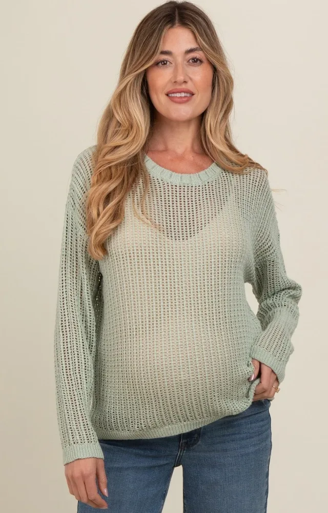 Light Olive Open-Knit Maternity Sweater