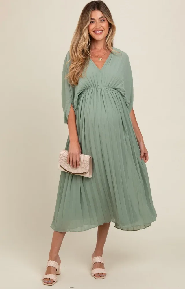 Light Olive Pleated V Neck Maternity Maxi Dress