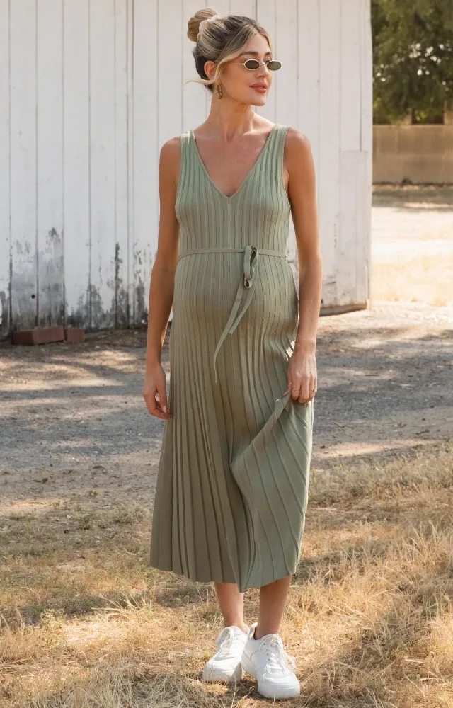 Light Olive Pleated V-Neck Waist Tie Sweater Maternity Maxi Dress