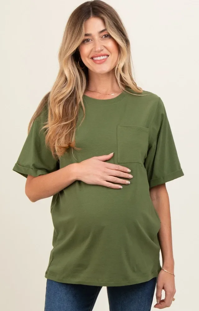 Light Olive Pocket Front Short Sleeve Maternity Top