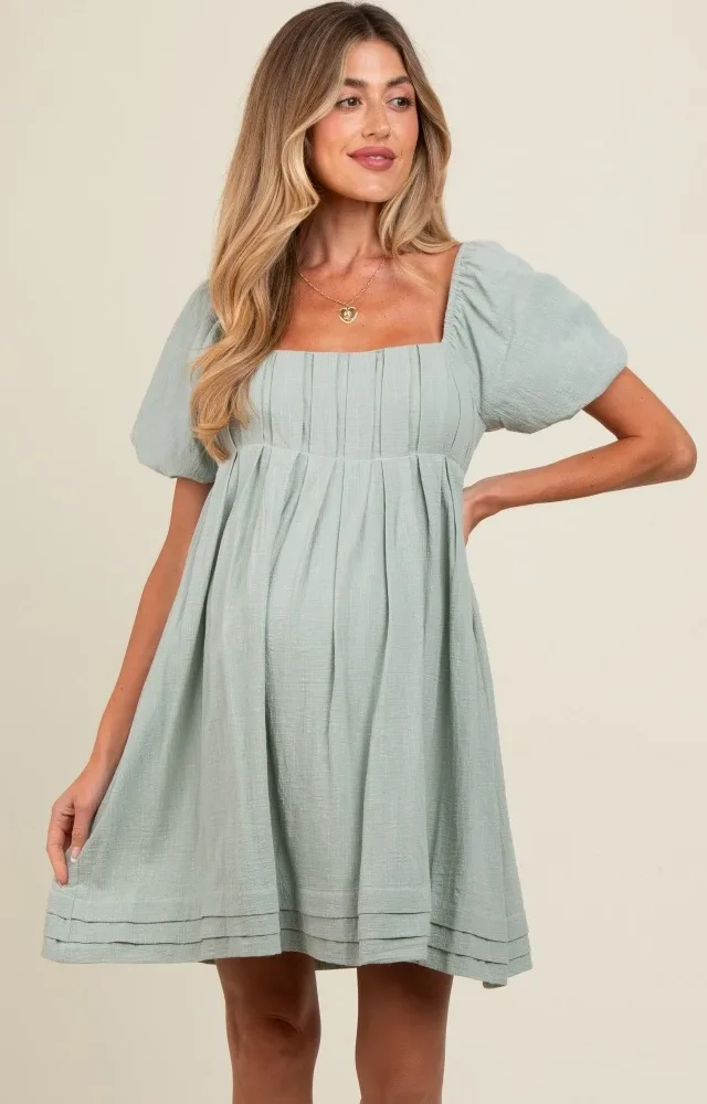 Light Olive Puff Sleeve Layered Hem Maternity Dress