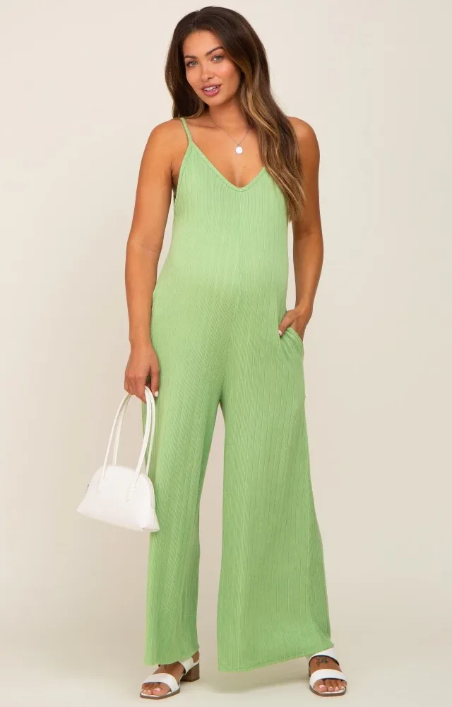 Light Olive Rib Knit Wide Leg Maternity Jumpsuit