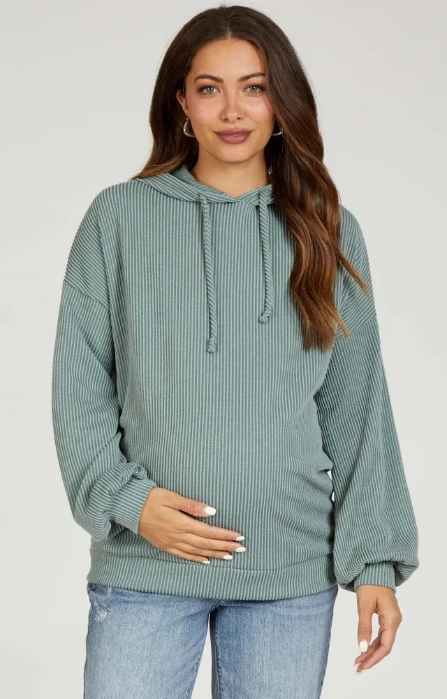 Light Olive Ribbed Hooded Maternity Top