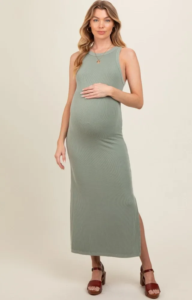 Light Olive Ribbed Knit Side Slit Sleeveless Maternity Dress