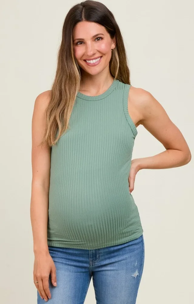 Light Olive Ribbed Racerback Maternity Tank Top