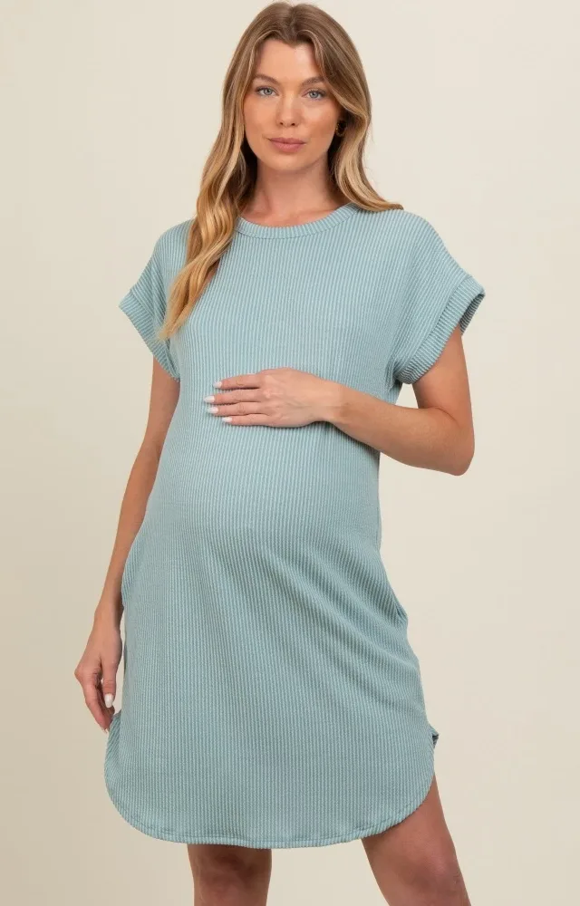 Light Olive Ribbed Round Hem Maternity Dress