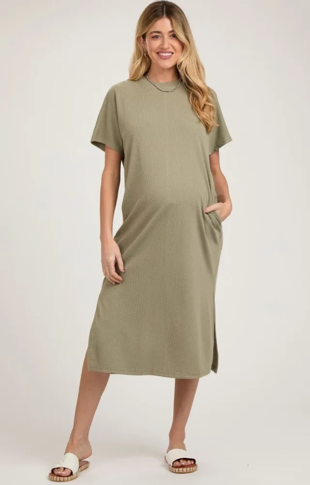 Light Olive Ribbed Short Dolman Sleeve Side Slit Maternity Midi Dress