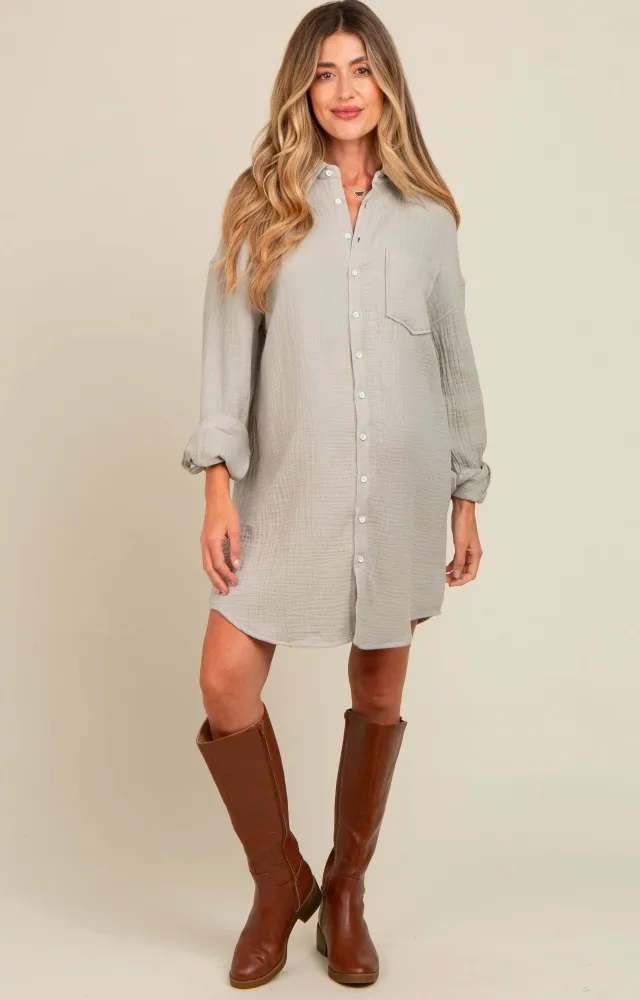 Light Olive Rolled Cuff Maternity Button Down Dress