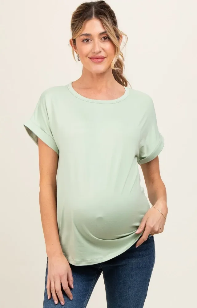 Light Olive Rolled Cuff Maternity Short Sleeve Top