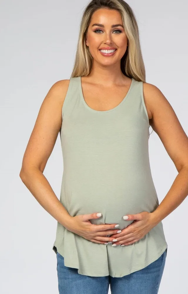 Light Olive Rounded Hem Sleeveless Maternity Top