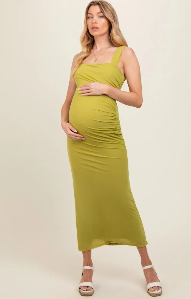 Light Olive Ruched Maternity Maxi Dress