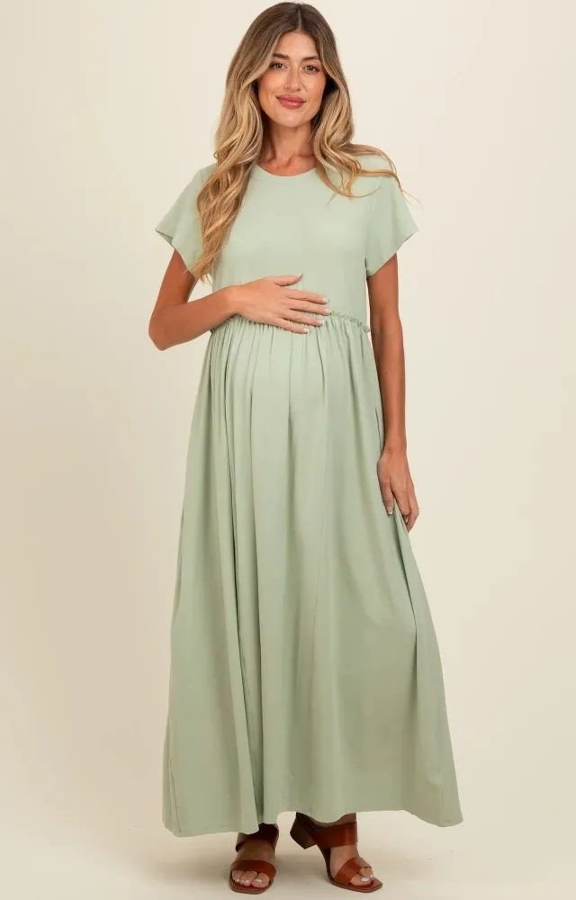 Light Olive Ruffle Trim Maternity Maxi Dress