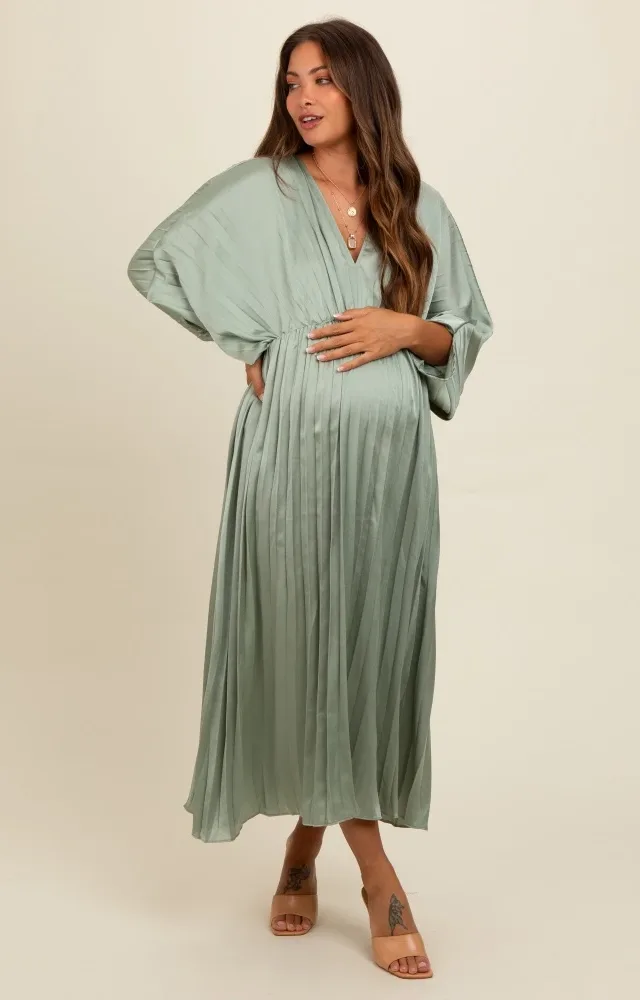 Light Olive Satin Pleated V-Neck Maternity Maxi Dress