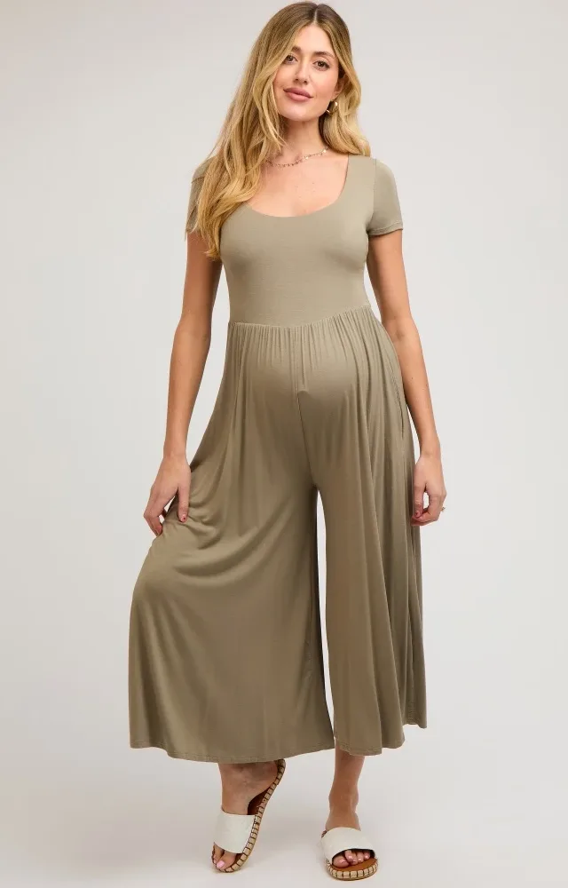 Light Olive Short Sleeve Pocketed Maternity Jumpsuit