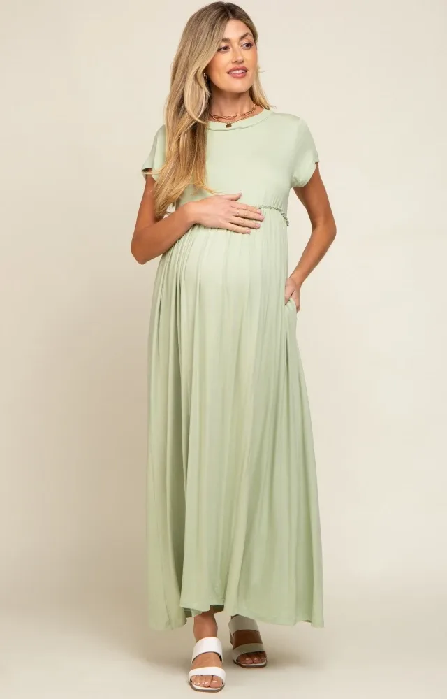 Light Olive Short Sleeve Pocketed Maternity Maxi Dress