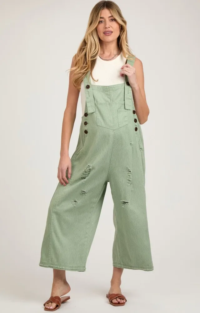 Light Olive Side Button Distressed Maternity Overalls