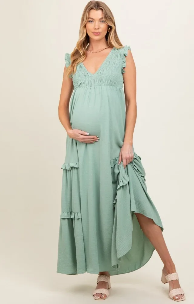 Light Olive Smocked Ruffle V-Neck Maternity Maxi Dress