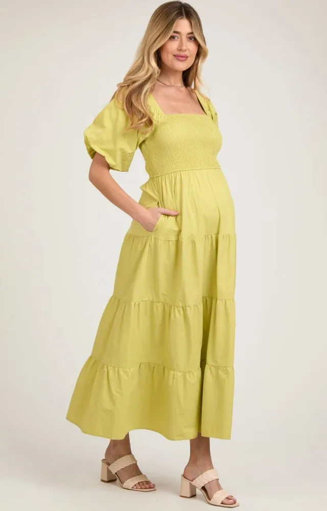 Light Olive Smocked Square Neck Puff Sleeve Tiered Maternity Maxi Dress