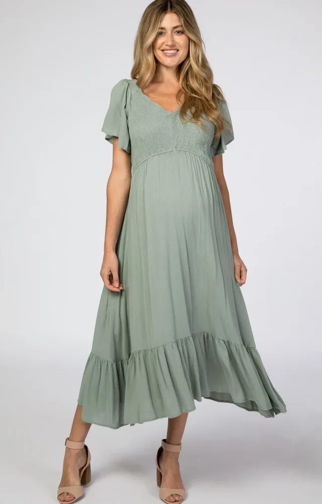 Light Olive Smocked V-Neck Maternity Midi Dress