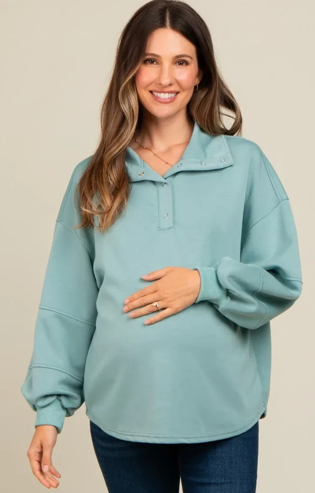 Light Olive Snap Collar Oversized Maternity Pullover