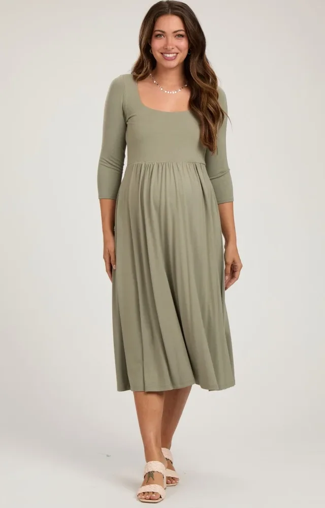 Light Olive Square Neck 3/4 Sleeve Maternity Midi Dress