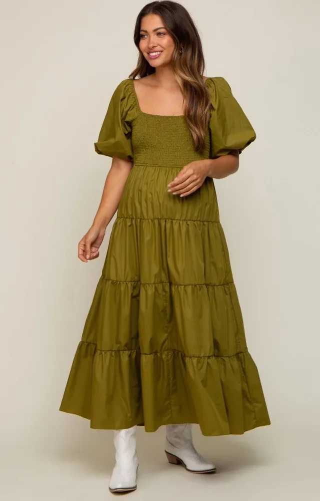 Light Olive Square Neck Smocked Puff Short Sleeve Tiered Maternity Midi Dress