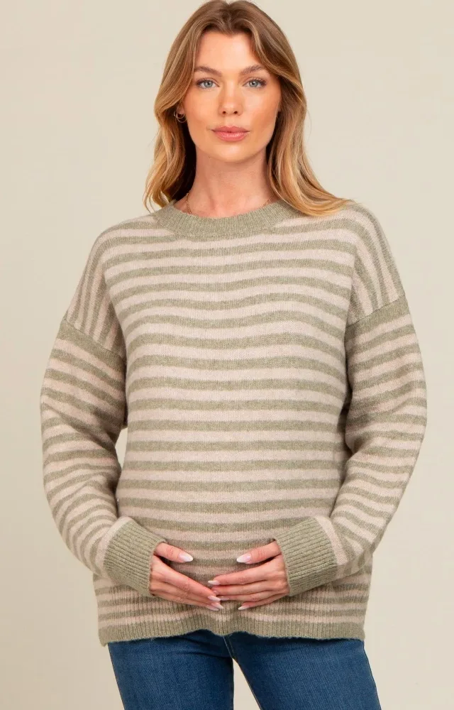 Light Olive Striped Drop Shoulder Maternity Sweater