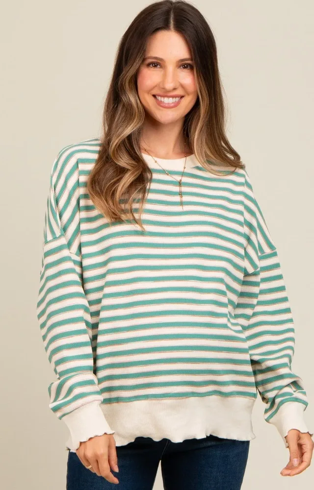 Light Olive Striped Ruffle Hem Maternity Long Sleeve Top