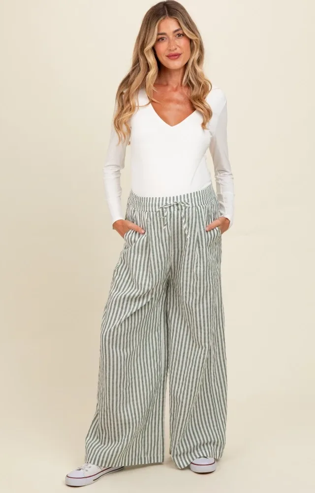 Light Olive Striped Wide Leg Maternity Pants