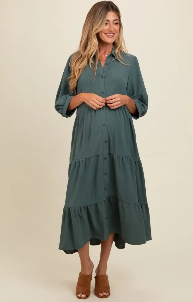 Light Olive Tiered Button Down Maternity Midi Dress