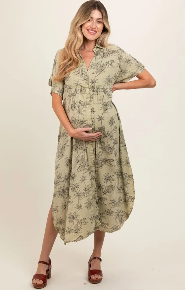 Light Olive Tiger Print Button Front Rounded Hem Maternity Midi Dress