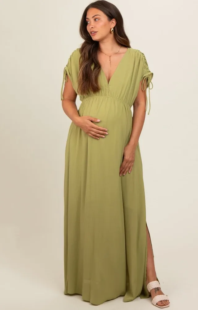 Light Olive V-Neck Drawstring Short Sleeve Side Slit Maternity Maxi Dress