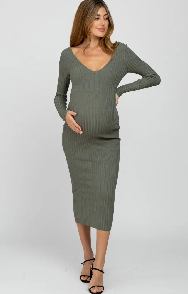 Light Olive V-Neck Long Sleeve Fitted Maternity Maxi Dress