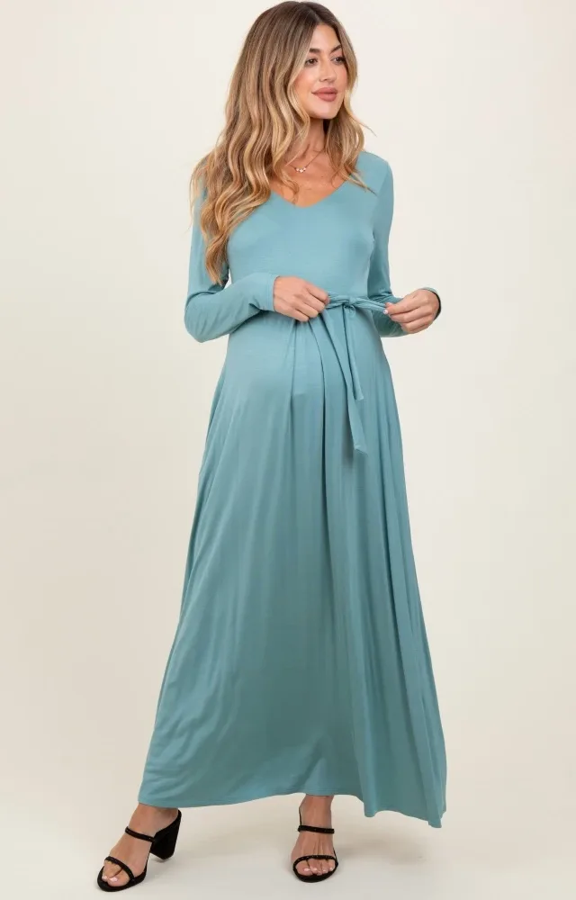 Light Olive V-Neck Long Sleeve Sash Tie Maternity Maxi Dress