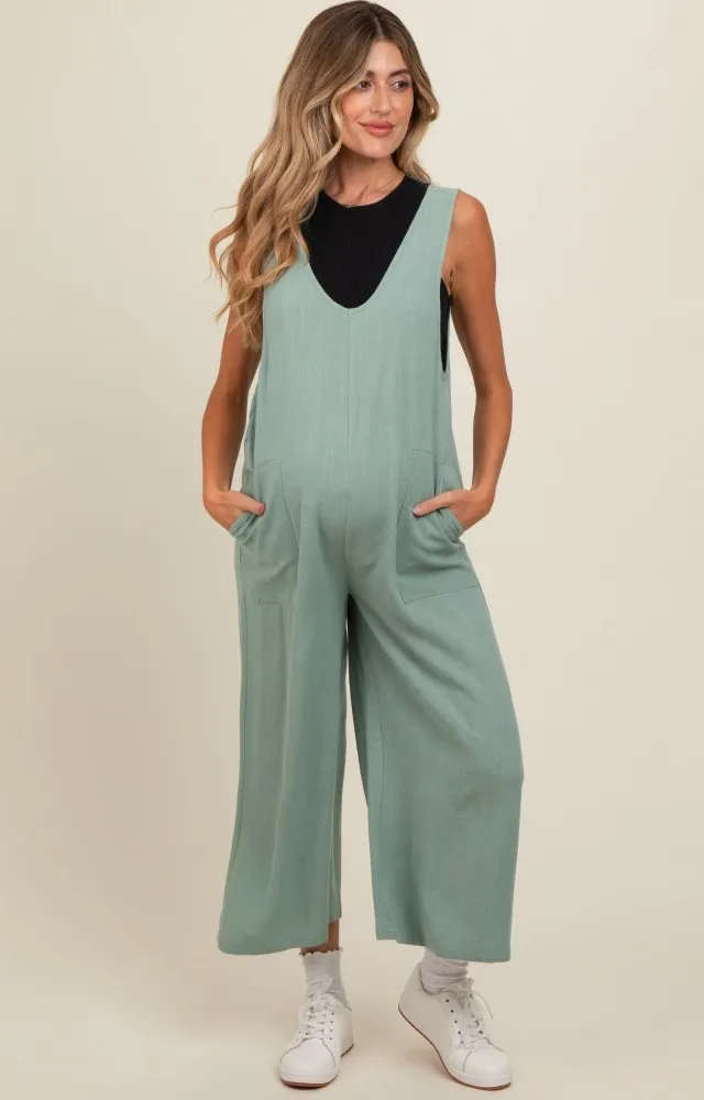 Light Olive V-Neck Wide Leg Maternity Jumpsuit