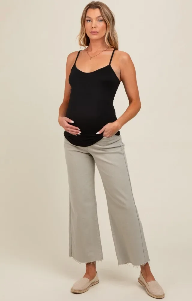 Light Olive Wide Leg Raw Hem Maternity Jeans