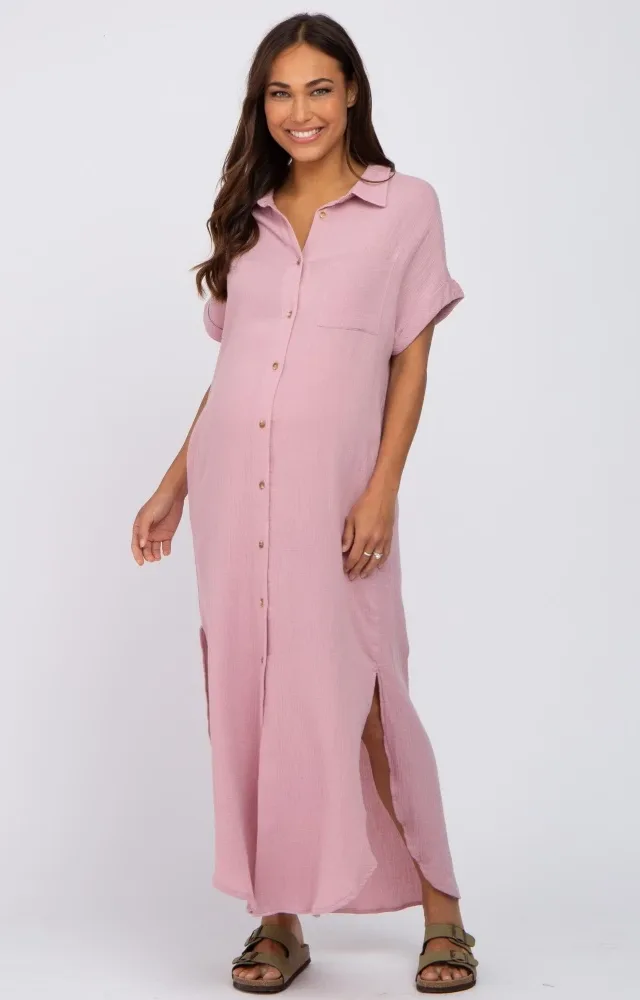 Light Pink Button Down Maternity Midi Dress