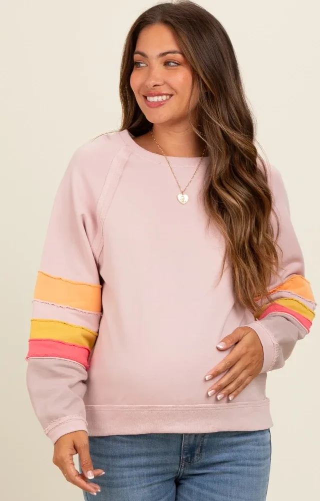 Light Pink Colorblock Sleeve Maternity Pullover