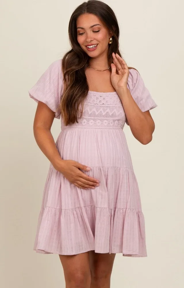 Light Pink Crochet Tiered Maternity Dress