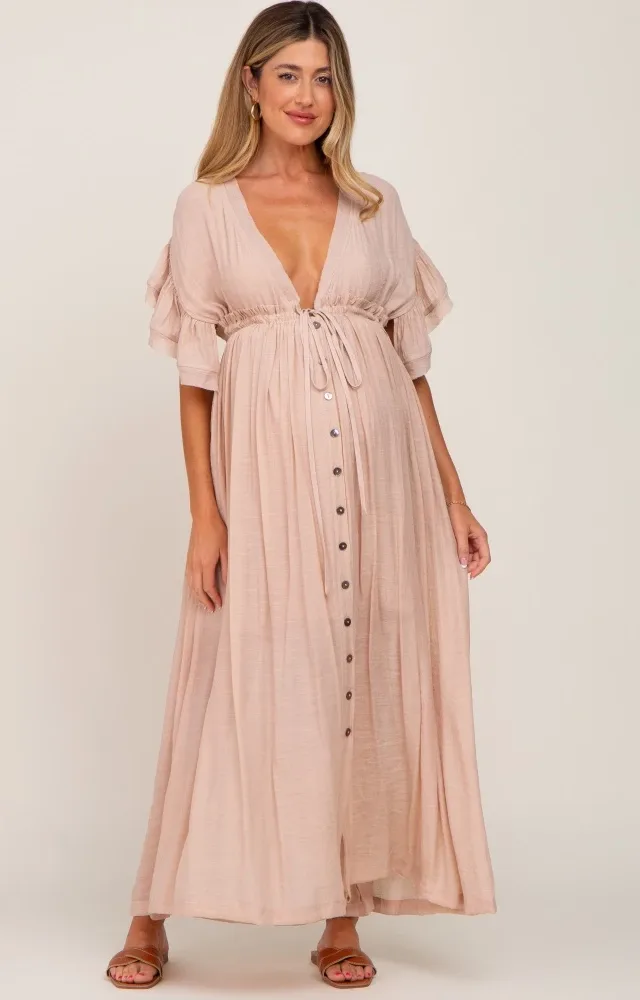 Light Pink Deep V-Neck Button Down Maternity Dress