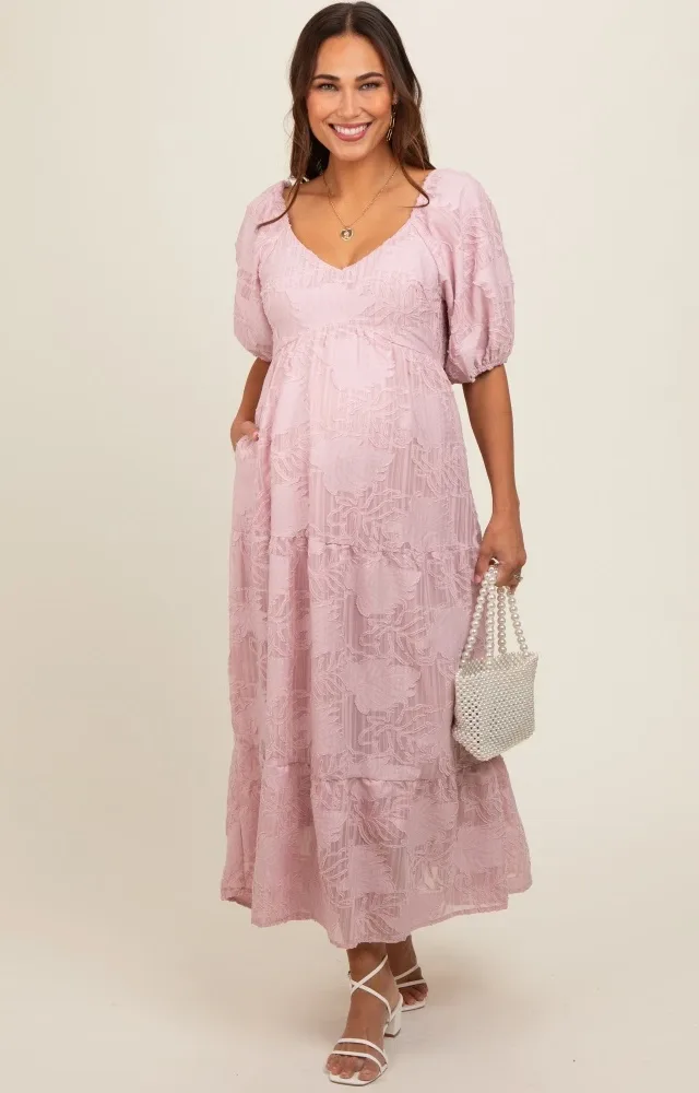 Light Pink Embroidered Leaf Print Striped Maternity Maxi Dress