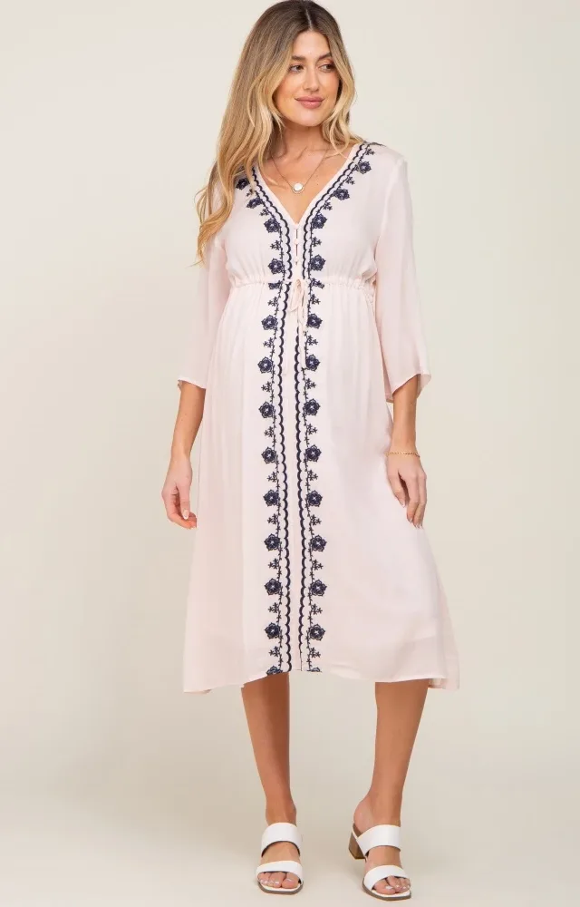 Light Pink Embroidered Maternity Midi Dress