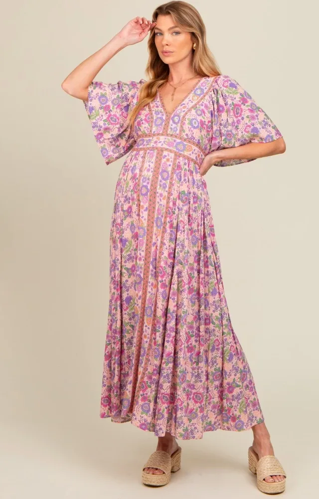 Light Pink Floral Border Print Flutter Sleeve Maternity Maxi Dress