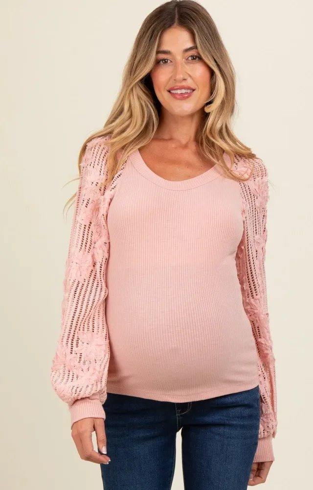 Light Pink Floral Lace Balloon Sleeve Maternity Top